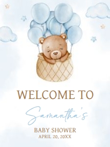 696 Blue Hot Air Balloon Baby Bear Baby Shower Welcome Sign 18x24: 696 Blue Hot Air Balloon Baby Bear Baby Shower Welcome Sign
