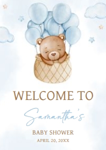 696 Blue Hot Air Balloon Baby Bear Baby Shower Welcome Sign A4: 696 Blue Hot Air Balloon Baby Bear Baby Shower Welcome Sign