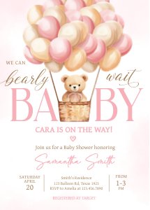 701 Pink Baby Bear Hot Air Balloon Baby Shower Invitation design preview