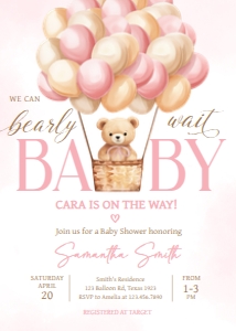701 Pink Baby Bear Hot Air Balloon Baby Shower Invitation: 701 Pink Baby Bear Hot Air Balloon Baby Shower Invitation