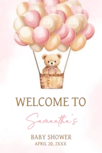 701 Pink Baby Bear Hot Air Balloon Baby Shower Welcome Sign 20x30: 701 Pink Baby Bear Hot Air Balloon Baby Shower Welcome Sign