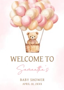 701 Pink Baby Bear Hot Air Balloon Baby Shower Welcome Sign A4: 701 Pink Baby Bear Hot Air Balloon Baby Shower Welcome Sign