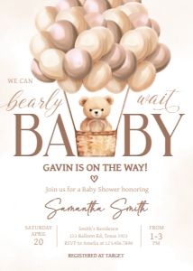702 Brown Baby Bear Hot Air Balloon Baby Shower Invitation: 702 Brown Baby Bear Hot Air Balloon Baby Shower Invitation