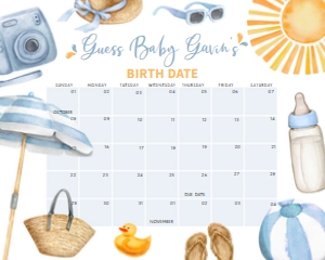 747 Blue Summer Splish Splash Baby Shower Calendar 20x16: 747 Blue Summer Splish Splash Baby Shower Calendar