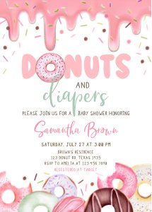 750 Pink Dripping Glaze Donuts and Diapers Baby Shower Invitation design preview