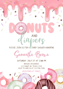 750 Pink Dripping Glaze Donuts and Diapers Baby Shower Invitation: 750 Pink Dripping Glaze Donuts and Diapers Baby Shower Invitation