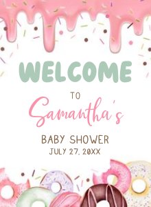 750 Pink Dripping Glaze Donuts and Diapers Baby Shower Welcome Sign design preview
