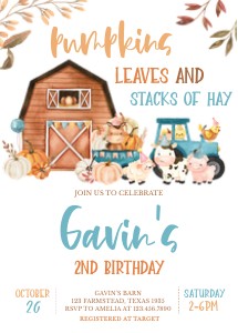 16BD Leaves and Stacks of Hay Farm Animals Birthday Invitation design preview