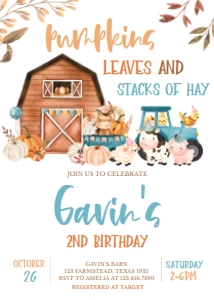 16BD Leaves and Stacks of Hay Farm Animals Birthday Invitation: 16BD Leaves and Stacks of Hay Farm Animals Birthday Invitation