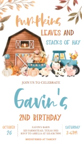 16BD Leaves and Stacks of Hay Farm Animals Birthday Invitation Mobile: 16BD Leaves and Stacks of Hay Farm Animals Birthday Invitation