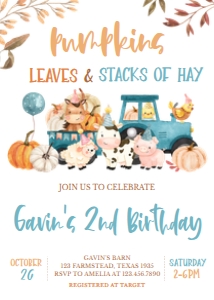 17BD Farm Animals Leaves and Stacks of Hay Birthday Invitation: 17BD Farm Animals Leaves and Stacks of Hay Birthday Invitation