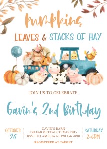 17BD Farm Animals Leaves and Stacks of Hay Birthday Invitation design preview