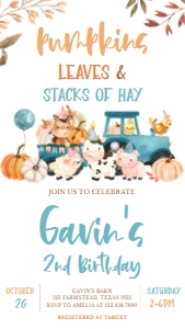 17BD Farm Animals Leaves and Stacks of Hay Birthday Invitation Mobile: 17BD Farm Animals Leaves and Stacks of Hay Birthday Invitation
