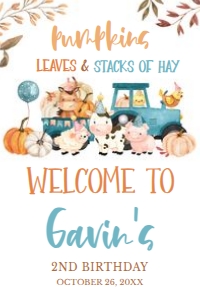 17BD Farm Animals Leaves and Stacks of Hay Birthday Welcome Sign 20x30: 17BD Farm Animals Leaves and Stacks of Hay Birthday Welcome Sign