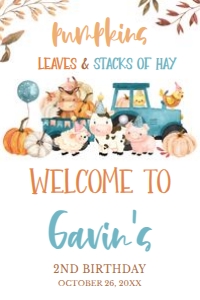 17BD Farm Animals Leaves and Stacks of Hay Birthday Welcome Sign 24x36: 17BD Farm Animals Leaves and Stacks of Hay Birthday Welcome Sign