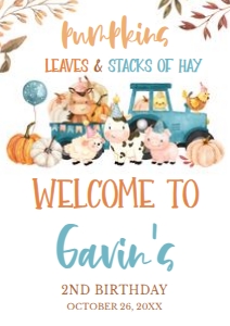 17BD Farm Animals Leaves and Stacks of Hay Birthday Welcome Sign A1: 17BD Farm Animals Leaves and Stacks of Hay Birthday Welcome Sign