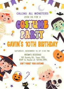 19BD Halloween Costume Party Birthday Invitation B: 19BD Halloween Costume Party Birthday Invitation B