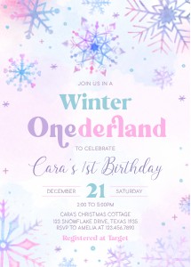 25BD Snowflakes Winter Onederland Birthday Invitation design preview