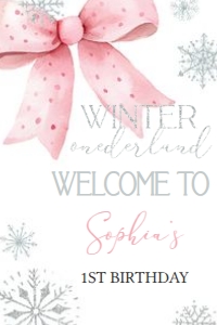 30BD Pink Bow Winter Onederland Birthday Welcome Sign 20x30: 30BD Pink Bow Winter Onederland Birthday Welcome Sign