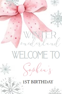 30BD Pink Bow Winter Onederland Birthday Welcome Sign 24x36: 30BD Pink Bow Winter Onederland Birthday Welcome Sign