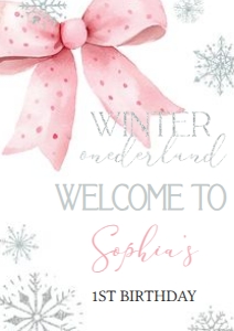 30BD Pink Bow Winter Onederland Birthday Welcome Sign A2: 30BD Pink Bow Winter Onederland Birthday Welcome Sign