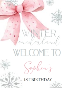 30BD Pink Bow Winter Onederland Birthday Welcome Sign A3: 30BD Pink Bow Winter Onederland Birthday Welcome Sign