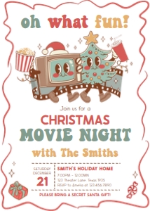 56SE Christmas Movie Night Oh What Fun Seasonal Invitation A: 56SE Christmas Movie Night Oh What Fun Invitation A