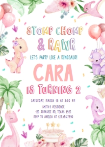 40BD Pink Dinosaur Birthday Invitation A: 40BD Pink Dinosaur Birthday Invitation A