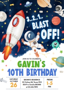 44BD Astronaut Outer Space Birthday Invitation design preview