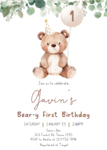 49BD Greenery Bear Birthday Invitation A: 49BD Greenery Bear Birthday Invitation