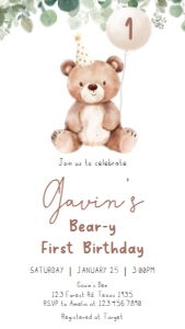 49BD Greenery Bear Birthday Invitation Mobile A: 49BD Greenery Bear Birthday Invitation