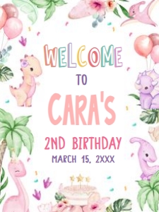 40BD Pink Dinosaur Birthday Party Welcome Sign 18x24 A: 40BD Pink Dinosaur Birthday Party Welcome Sign