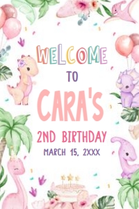 40BD Pink Dinosaur Birthday Party Welcome Sign 20x30 A: 40BD Pink Dinosaur Birthday Party Welcome Sign
