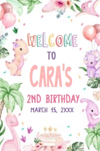 40BD Pink Dinosaur Birthday Party Welcome Sign 24x36 A: 40BD Pink Dinosaur Birthday Party Welcome Sign