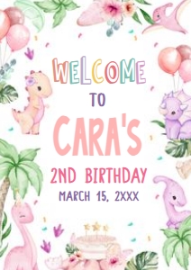 40BD Pink Dinosaur Birthday Party Welcome Sign A3 A: 40BD Pink Dinosaur Birthday Party Welcome Sign