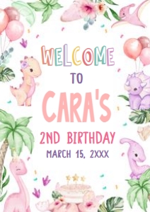 40BD Pink Dinosaur Birthday Party Welcome Sign A2 A: 40BD Pink Dinosaur Birthday Party Welcome Sign