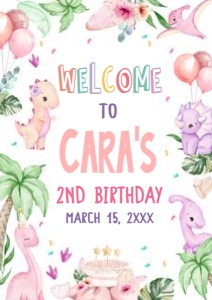 40BD Pink Dinosaur Birthday Party Welcome Sign A1 A: 40BD Pink Dinosaur Birthday Party Welcome Sign