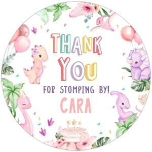 40BD Pink Dinosaur Birthday Party Round Favor Tags design preview