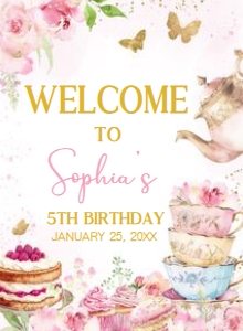 41BD Pink Gold Let's Par-tea Birthday Welcome Sign 11x15 A: 41BD Pink Gold Let's Partea Birthday Welcome Sign