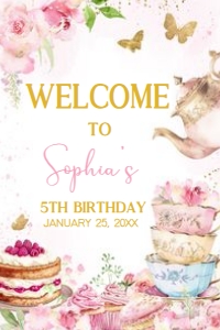 41BD Pink Gold Let's Par-tea Birthday Welcome Sign 20x30 A: 41BD Pink Gold Let's Partea Birthday Welcome Sign
