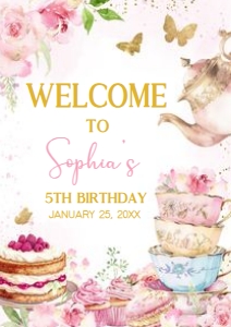 41BD Pink Gold Let's Par-tea Birthday Welcome Sign A2 A: 41BD Pink Gold Let's Partea Birthday Welcome Sign