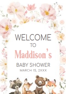 1007 Floral Woodland Baby Shower Welcome Sign A4 A: 1007 Floral Woodland Baby Shower Welcome Sign
