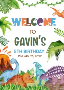 43BD Dinosaur Birthday Welcome Sign A4 A: 43BD Dinosaur Birthday Welcome Sign