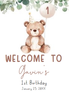 49BD Greenery Bear Birthday Welcome Sign 18x24 A: 49BD Greenery Bear Birthday Welcome Sign