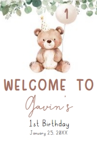 49BD Greenery Bear Birthday Welcome Sign 20x30 A: 49BD Greenery Bear Birthday Welcome Sign