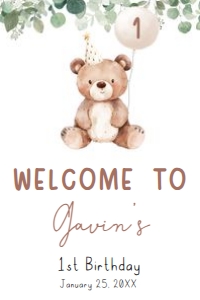 49BD Greenery Bear Birthday Welcome Sign 24x36 A: 49BD Greenery Bear Birthday Welcome Sign