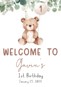 49BD Greenery Bear Birthday Welcome Sign A2 A: 49BD Greenery Bear Birthday Welcome Sign