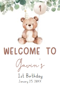 49BD Greenery Bear Birthday Welcome Sign A3 A: 49BD Greenery Bear Birthday Welcome Sign