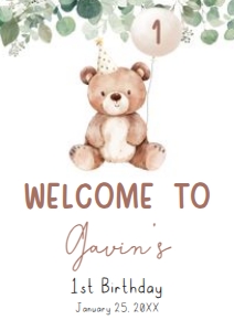 49BD Greenery Bear Birthday Welcome Sign A4 A: 49BD Greenery Bear Birthday Welcome Sign