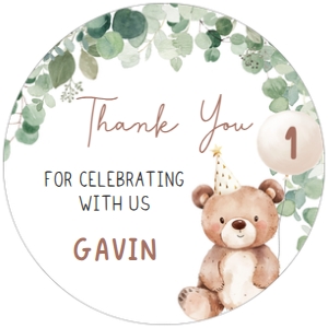 49BD Greenery Bear Birthday Round Favor Tag A: 49BD Greenery Bear Birthday Round Favor Tag